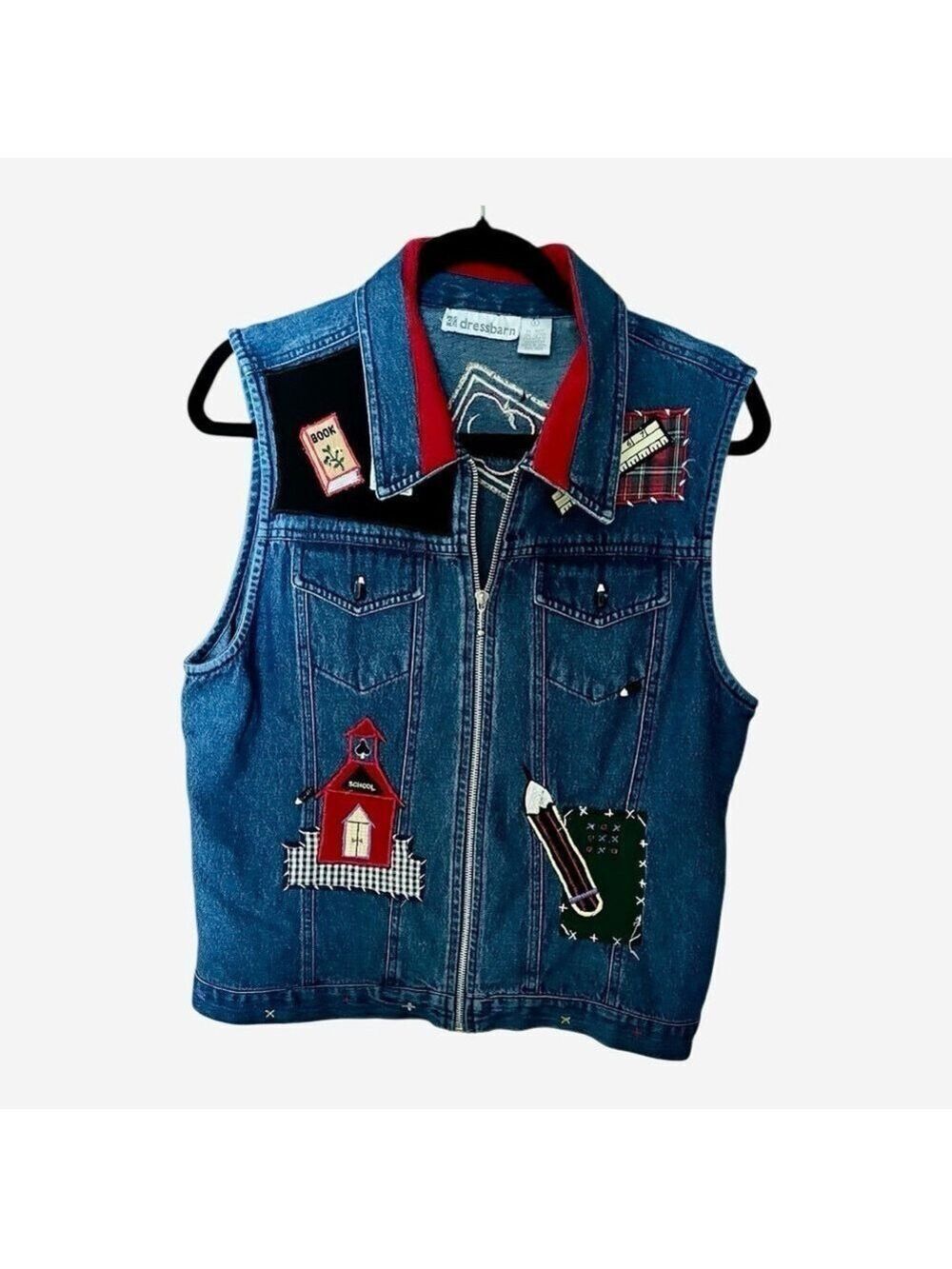 Dress Barn Denim School Vest, Size L, Vintage, Embroidered, Zippered, Detailed!